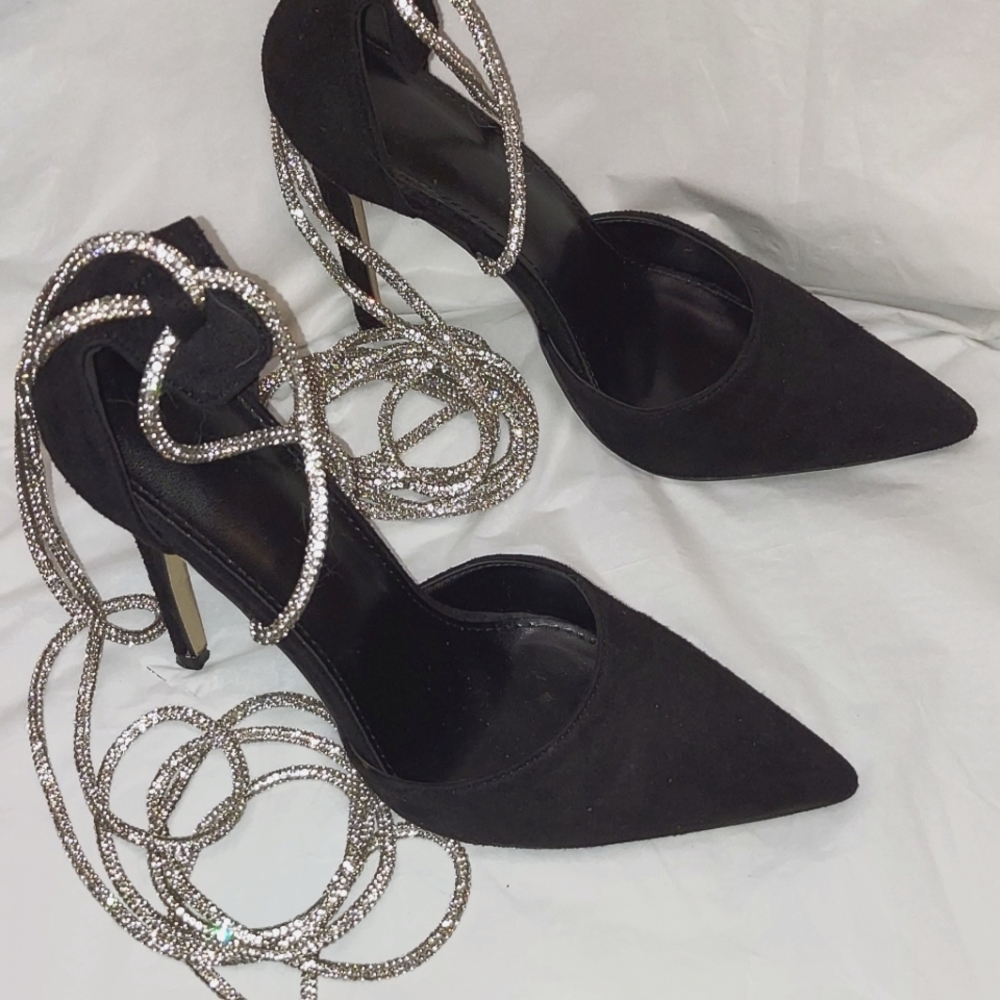 Black Faux Suede Pointed Toe  Stilettos with Rhinestone strappy  lace up sz 37